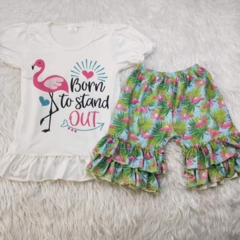 Boutique pink flamingo cute ruffle shorts set